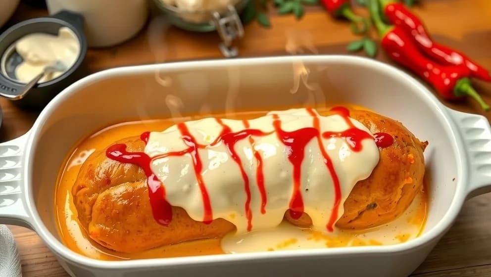 Falukorv i ugn med grädde och chilisås