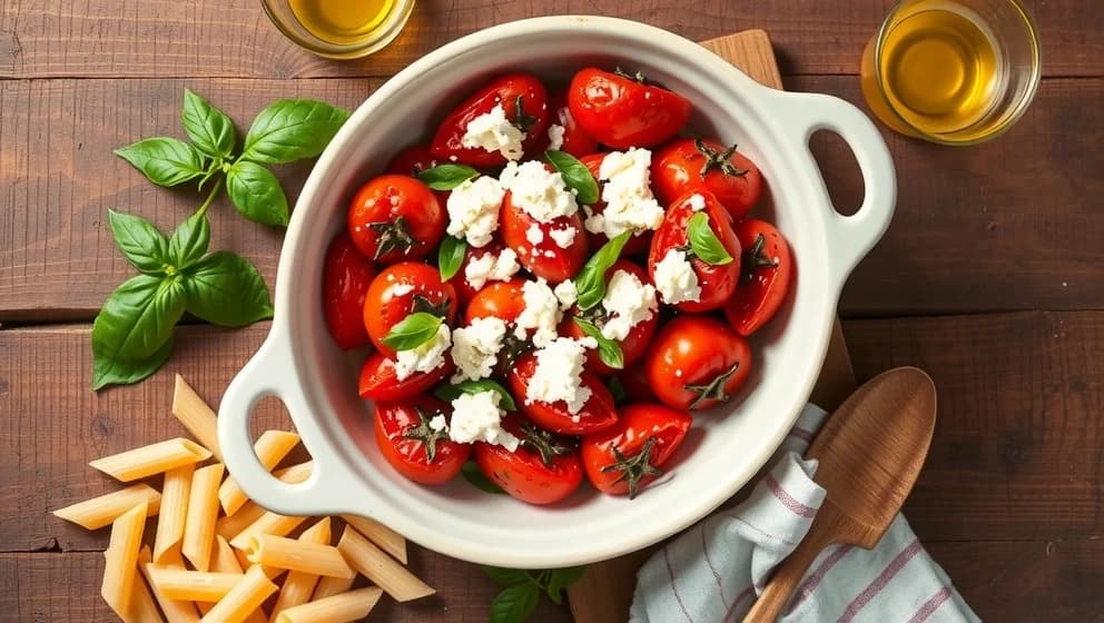 Tomat och fetaost i ugn med pasta